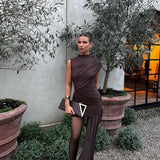 Brown High Neck Ruched Draped Mini Dress 4