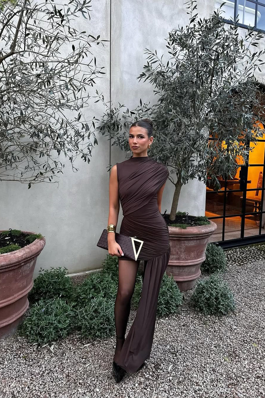 brown asymmetrical dress Helira | Brown Asymmetric Midi Dress With Draping Detailing and Open-Back