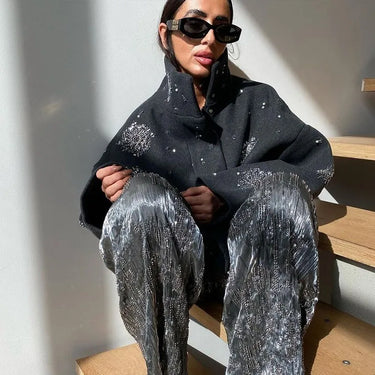 Casual Embroidery Beading Loose Women Coat Lapel Collar Bat Sleeve Solid Wool Blend Jacket 2025 New Lady Luxury Spring Outerwear 1