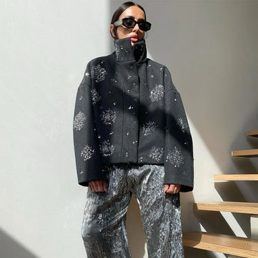 Casual Embroidery Beading Loose Women Coat Lapel Collar Bat Sleeve Solid Wool Blend Jacket 2025 New Lady Luxury Spring Outerwear 2