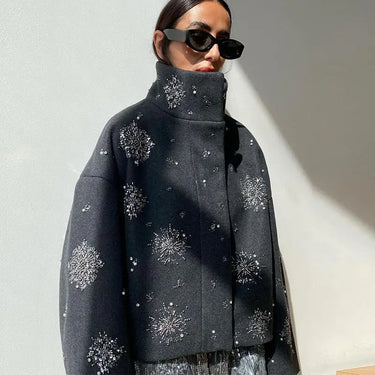 Casual Embroidery Beading Loose Women Coat Lapel Collar Bat Sleeve Solid Wool Blend Jacket 2025 New Lady Luxury Spring Outerwear 3