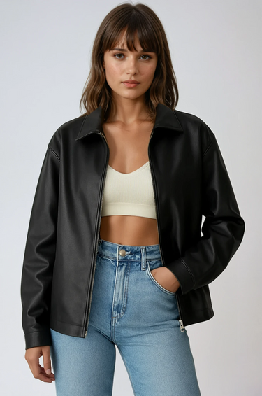 Women's Faux Leather Zip Jacket Black