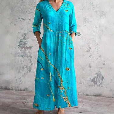 Chic V-Neck Long Sleeve Dress – Unique Spliced Print for Effortless Style 0