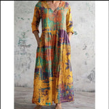 Chic V-Neck Long Sleeve Dress – Unique Spliced Print for Effortless Style 7