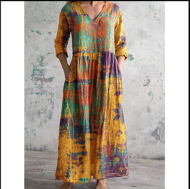 Chic V-Neck Long Sleeve Dress – Unique Spliced Print for Effortless Style 7