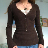 Cotteage Y2K Grunge Knitwear T-shirt Jumpers Vintage Brown Knitted Sweater Tees Women Lace Trim V-neck Full Sleeve Pullovers Top 1