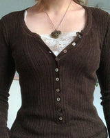 Cotteage Y2K Grunge Knitwear T-shirt Jumpers Vintage Brown Knitted Sweater Tees Women Lace Trim V-neck Full Sleeve Pullovers Top 2
