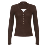 Cotteage Y2K Grunge Knitwear T-shirt Jumpers Vintage Brown Knitted Sweater Tees Women Lace Trim V-neck Full Sleeve Pullovers Top 8