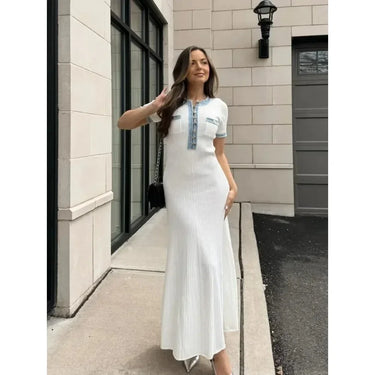 Elegant Contrasting Women Knit Maxi Dress Chic O-neck Short Sleeve Metal Buttons Bodycon Dresses 2024 Office Lady Commuting Robe 0