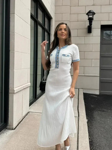 Elegant Contrasting Women Knit Maxi Dress Chic O-neck Short Sleeve Metal Buttons Bodycon Dresses 2024 Office Lady Commuting Robe 1
