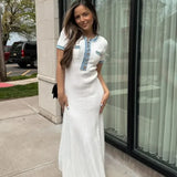 Elegant Contrasting Women Knit Maxi Dress Chic O-neck Short Sleeve Metal Buttons Bodycon Dresses 2024 Office Lady Commuting Robe 2