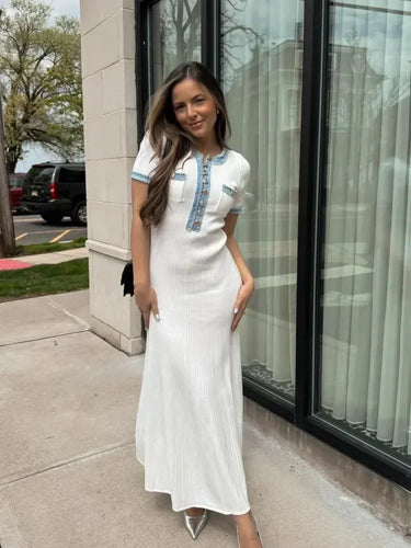 Elegant Contrasting Women Knit Maxi Dress Chic O-neck Short Sleeve Metal Buttons Bodycon Dresses 2024 Office Lady Commuting Robe 2