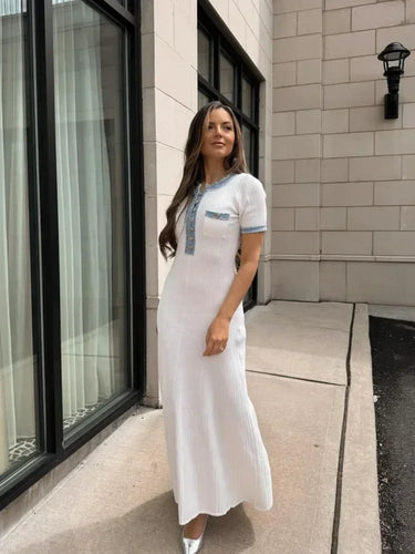 Elegant Contrasting Women Knit Maxi Dress Chic O-neck Short Sleeve Metal Buttons Bodycon Dresses 2024 Office Lady Commuting Robe 3