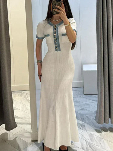 Elegant Contrasting Women Knit Maxi Dress Chic O-neck Short Sleeve Metal Buttons Bodycon Dresses 2024 Office Lady Commuting Robe 5