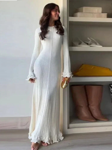 Elegant Contrasting Women Knit Maxi Dress Chic O-neck Short Sleeve Metal Buttons Bodycon Dresses 2024 Office Lady Commuting Robe 6