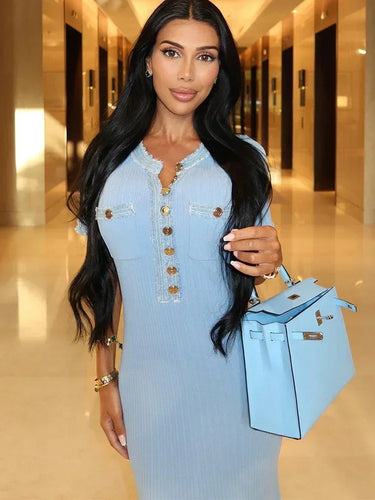 Elegant Contrasting Women Knit Maxi Dress Chic O-neck Short Sleeve Metal Buttons Bodycon Dresses 2024 Office Lady Commuting Robe 7