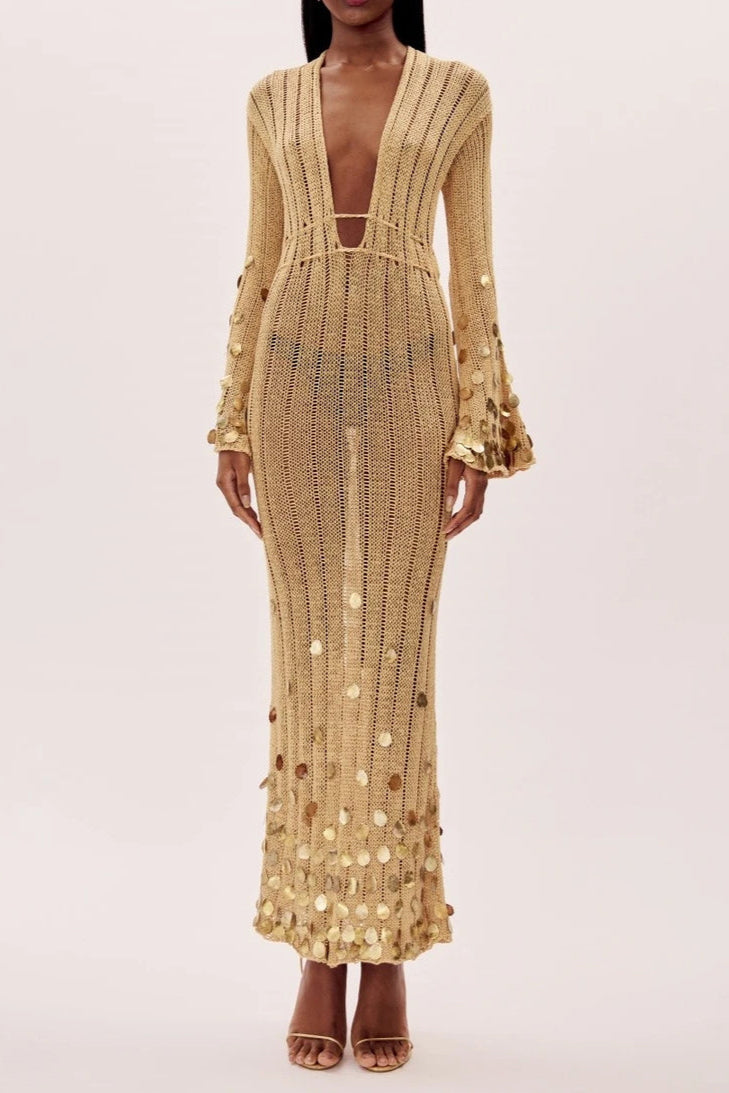 Elegant Gold Long Sleeve Maxi Dress with Sequin Sleeves and Deep Neckline for Women 0