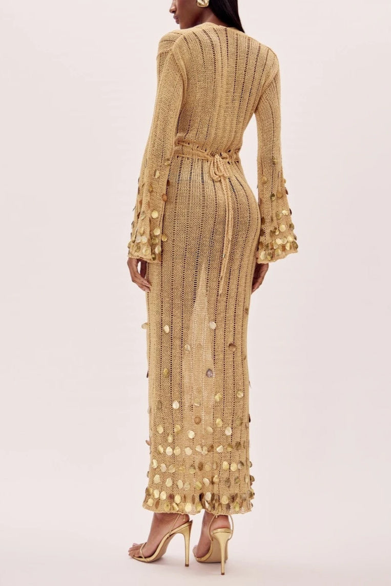 Elegant Gold Long Sleeve Maxi Dress with Sequin Sleeves and Deep Neckline for Women 1