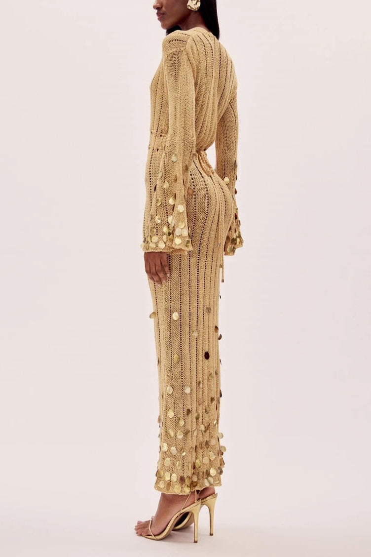 Elegant Gold Long Sleeve Maxi Dress with Sequin Sleeves and Deep Neckline for Women 2
