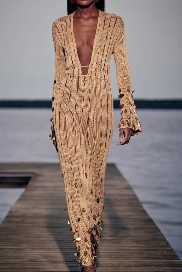 Elegant Gold Long Sleeve Maxi Dress with Sequin Sleeves and Deep Neckline for Women 3