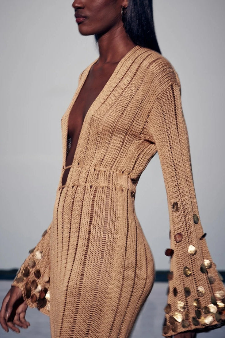 Elegant Gold Long Sleeve Maxi Dress with Sequin Sleeves and Deep Neckline for Women 4