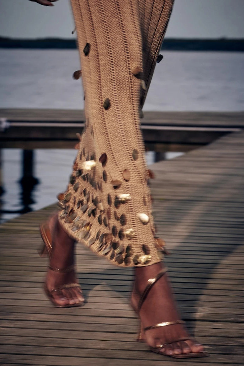 Elegant Gold Long Sleeve Maxi Dress with Sequin Sleeves and Deep Neckline for Women 5