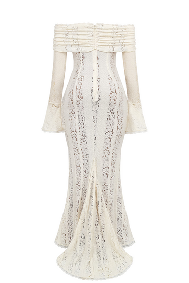 Elegant Off-Shoulder Lace Maxi Dress with Fluted Cuffs – Women's Formal Dress for Special Occasions 4