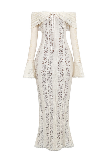 Elegant Off-Shoulder Lace Maxi Dress with Fluted Cuffs – Women's Formal Dress for Special Occasions 5
