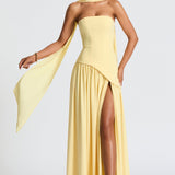 Elegant Strapless White Maxi Dress with Asymmetric Waist and High Slit – Perfect for Summer Events 1