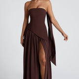 Elegant Strapless White Maxi Dress with Asymmetric Waist and High Slit – Perfect for Summer Events 4