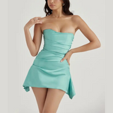 Elegant Turquoise Satin Strapless Mini Dress for Women - Pleated Sheath Silhouette, Slim Fit Ladies Dress 1