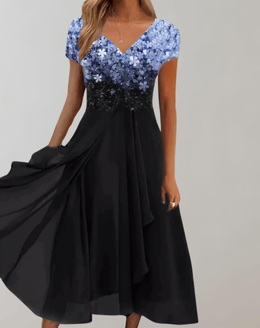 Elegant Women's Evening Dress with Shimmering Floral Top and Chiffon Skirt - Deep V-Neck Semi Formal Gown 0