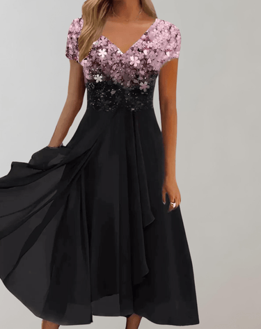Elegant Women's Evening Dress with Shimmering Floral Top and Chiffon Skirt - Deep V-Neck Semi Formal Gown 1
