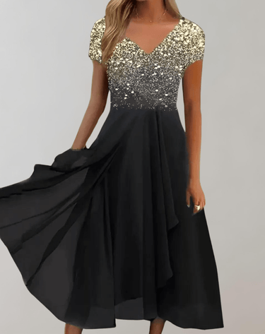 Elegant Women's Evening Dress with Shimmering Floral Top and Chiffon Skirt - Deep V-Neck Semi Formal Gown 2