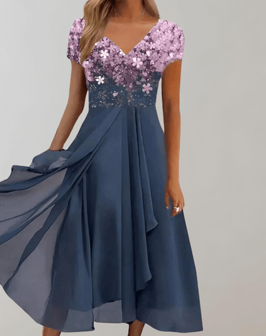 Elegant Women's Evening Dress with Shimmering Floral Top and Chiffon Skirt - Deep V-Neck Semi Formal Gown 3