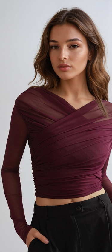 Sheer Mesh Ruched Long Sleeve Top