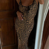 Fashion Slim Leopard Print Spaghetti Strap Dresses Women Sexy Hollow Out Backless Package Hip Party Long Dress Female Streetwear 2
