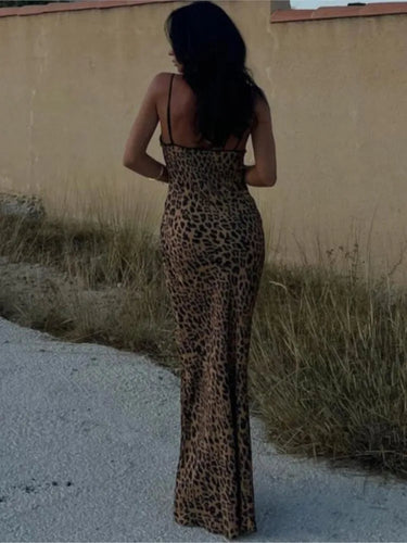 Fashion Slim Leopard Print Spaghetti Strap Dresses Women Sexy Hollow Out Backless Package Hip Party Long Dress Female Streetwear 3