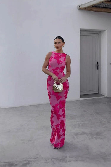 Floral Maxi Dress with Bodycon Fit, Sleeveless High Racer Neckline, Elegant for Formal Events and Weddings 1