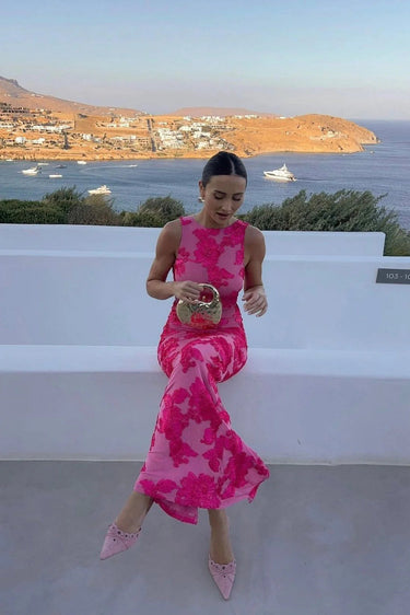 Floral Maxi Dress with Bodycon Fit, Sleeveless High Racer Neckline, Elegant for Formal Events and Weddings 2