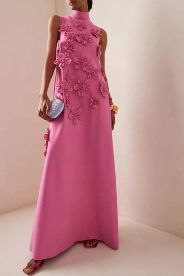 Floral Maxi Dress with Mock Neck and 3D Embellishments – Elegant Long Dress for Formal Occasions 0