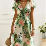 Floral Print Midi Dress – Chic Lace-Up Deep V Neck Summer Style 1