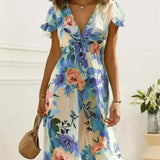 Floral Print Midi Dress – Chic Lace-Up Deep V Neck Summer Style 2