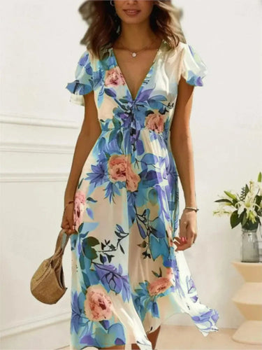Floral Print Midi Dress – Chic Lace-Up Deep V Neck Summer Style 2