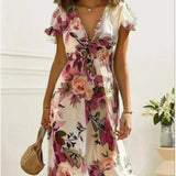 Floral Print Midi Dress – Chic Lace-Up Deep V Neck Summer Style 3
