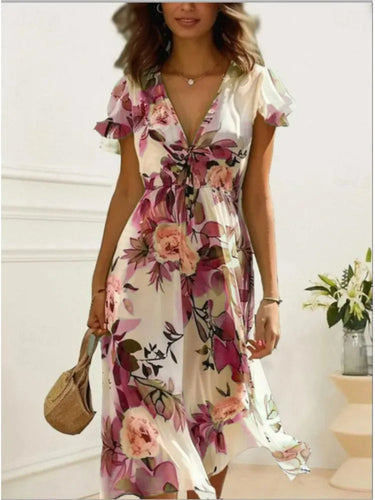 Floral Print Midi Dress – Chic Lace-Up Deep V Neck Summer Style 3