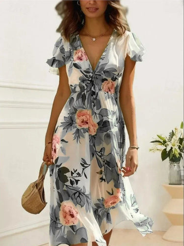 Floral Print Midi Dress – Chic Lace-Up Deep V Neck Summer Style 4