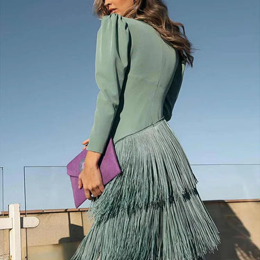 French Elegant Deep V Neck Slim Prom Dresses 2025 Spring Solid Spliced Tassel Long Dress Woman Long Sleeve New Autumn Maxi Dress 1