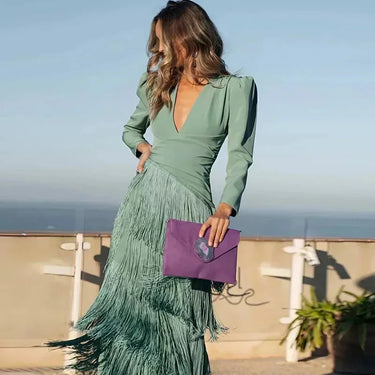 French Elegant Deep V Neck Slim Prom Dresses 2025 Spring Solid Spliced Tassel Long Dress Woman Long Sleeve New Autumn Maxi Dress 2