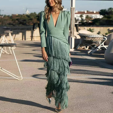 French Elegant Deep V Neck Slim Prom Dresses 2025 Spring Solid Spliced Tassel Long Dress Woman Long Sleeve New Autumn Maxi Dress 4